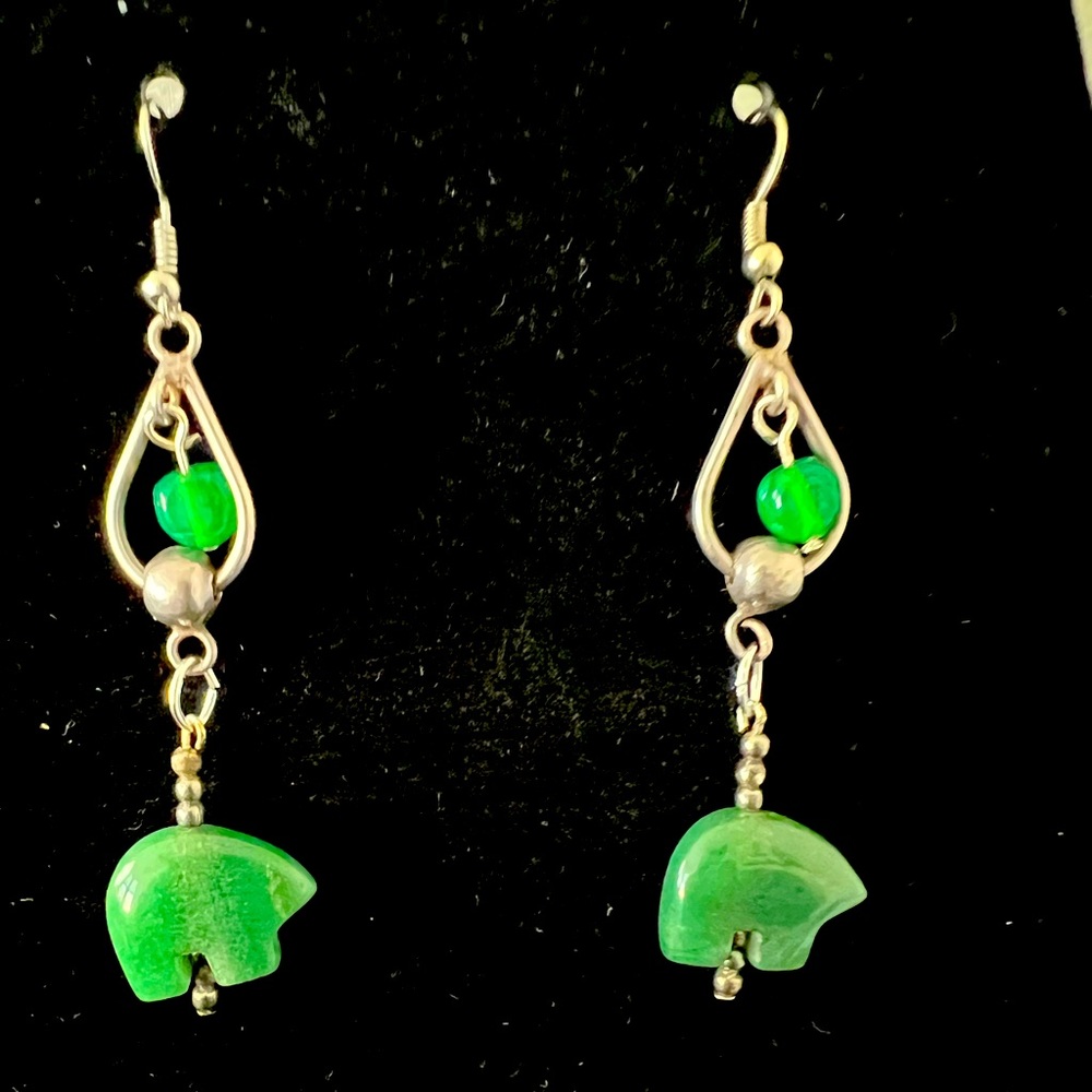 Sterling silver earrings with jade bear accent design